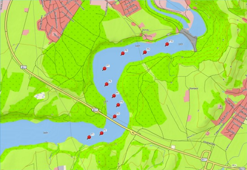 Lage der Probestellen im Lechstausee